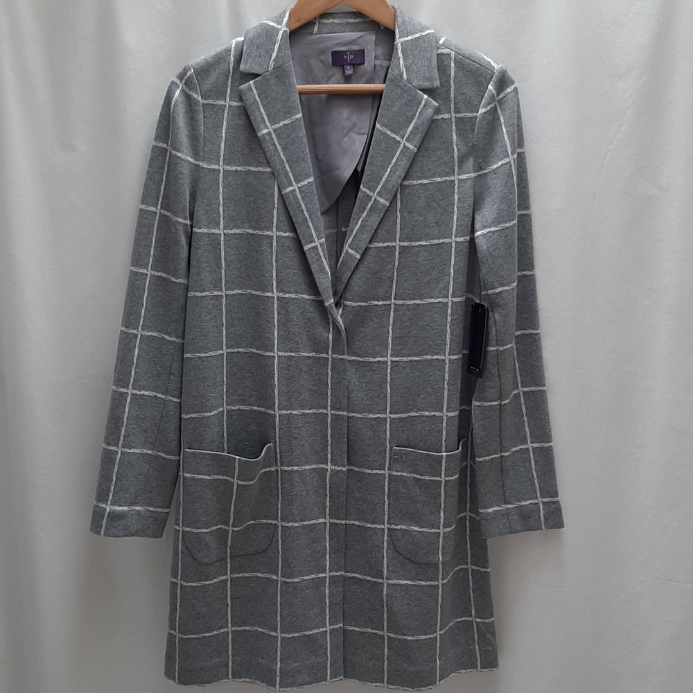 New NYDJ gray/off white window pane long sweater blazer, S